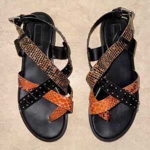 Topshop leather strappy Black, Orange, Snakeskin Sandals with Studs.